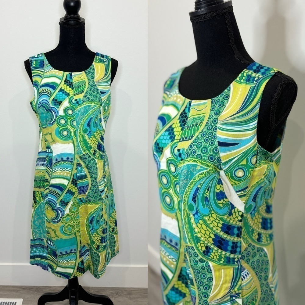 Nine West Blue and Green Print Sleeveless Midi Pockets Dress (4)